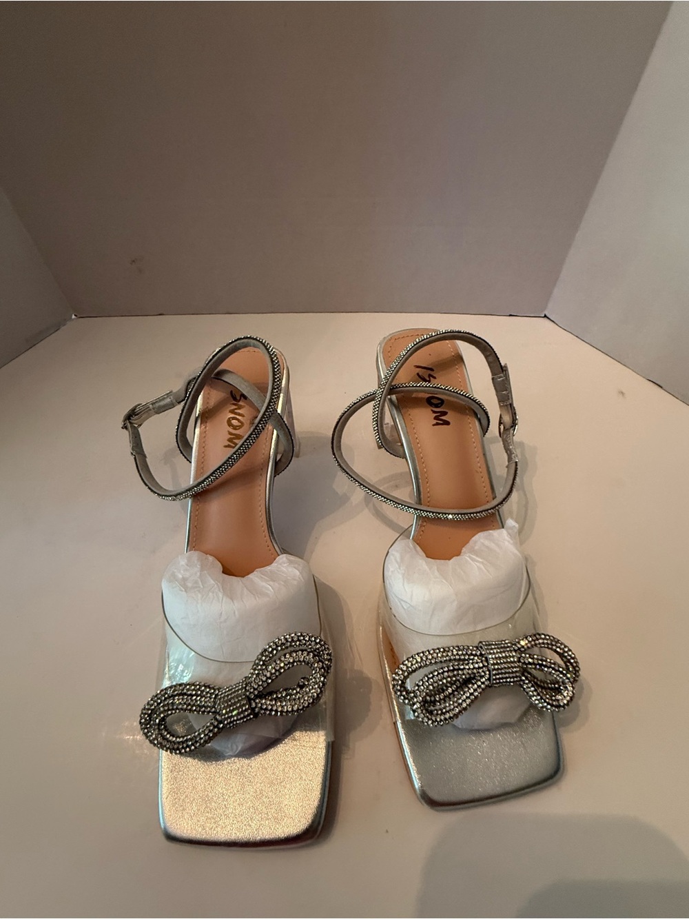 ISNOM Silver Embellished Ankle-Strap Heels with Crystal Bow Women’s 7.5